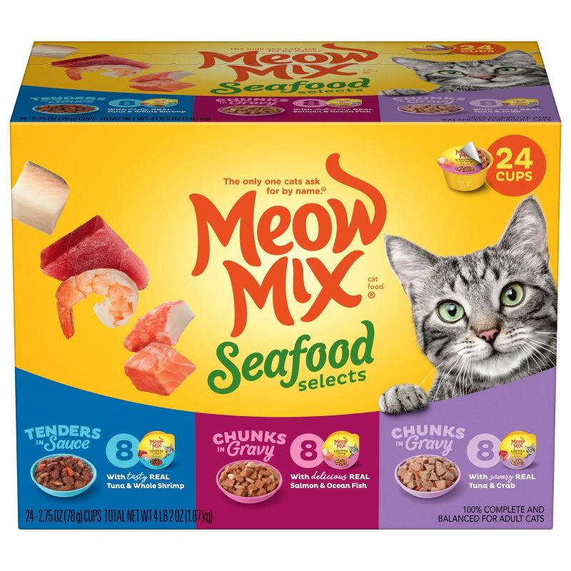 Meow Mix Seafood Selections Wet Cat Food with Shrimp, Salmon, Crab &#38; Tuna Flavor - 2.75oz/24ct Variety Pack, 1 of 13