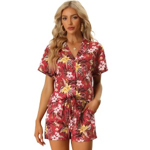 Allegra K Women's Floral Tropical Vacation Beach Hawaiian Button Down Shirt and Short Set - 1 of 4