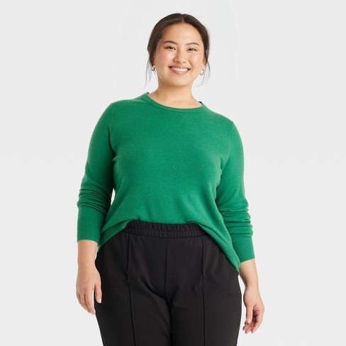 Green crew neck sweater women's sale