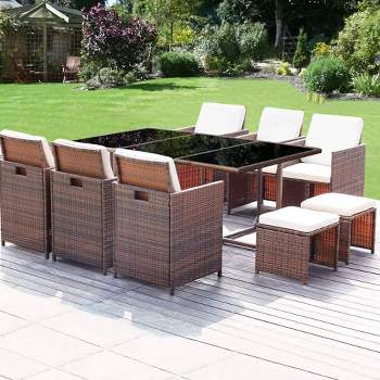 11pc Outdoor Dining Set with Wicker Rattan Chairs & Tempered Glass Ottoman - Brown - Devoko