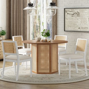 5-Piece Rattan Round Dining Set: Hexagonal Wood Table, Upholstered Chairs - Ideal for Dining Room & Kitchen Indoor Use - 1 of 4