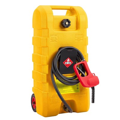 15 Gallon Gas Can with Manual Transfer Pump & 10 FT Hose, Portable Fuel Tank with Wheels & Carry Handle, Leak-Proof Heavy Duty Gas Caddy