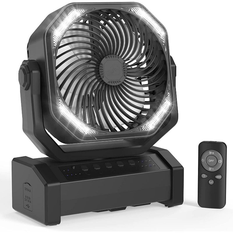 Panergy 20000mAh Camping Fan with LED Light, Auto-Oscillating Desk Fan with Remote & Hook, Rechargeable Battery Operated Tent Fan - Black, 1 of 9
