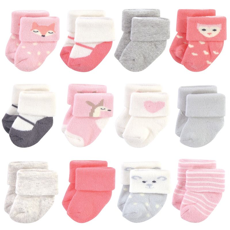 Hudson Baby Infant Girl Cotton Rich Newborn and Terry Socks, Girl Woodland, 0-3 Months, 1 of 4