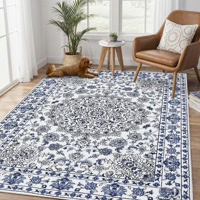 Vintage Medallion Washable Area Rug - Non-Slip Low-Profile Indoor Carpet for Living Room, Bedroom & Dining Room