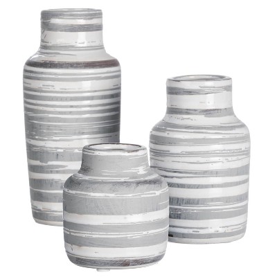 Sullivans Set of 3 Ceramic Striped Bottle Vase 7"H, 5.25"H & 3.5"H Gray