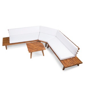 GDFStudio Adelia Outdoor V-Shape Acacia Wood 5 Seater Sectional Sofa Set with Cushions - 1 of 4