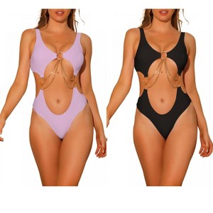 INSPIRE CHIC Women's Gold Chain V Neck Cut Out Solid Color Monokini Swimwear Bathing Suit 2 Set - 1 of 4