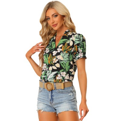 Allegra K Women's Summer Tropical Floral Printed Tops Short Sleeve V ...
