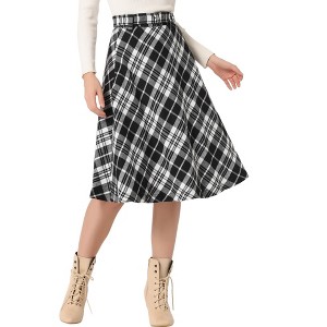 INSPIRE CHIC Women's Tartan Plaid High Waist Belted Vintage A-Line Midi Skirt - 1 of 4