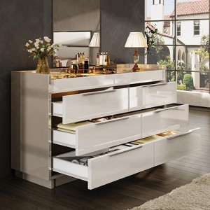 AMERLIFE 47.2" 8 Drawer Dresser with LED Light and Glass Tabletop & 2 Six-Grid Jewelry Drawers, Cream & Grey - 1 of 4