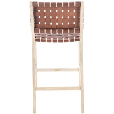 Cognac Leather and Natural Wood Counter Stool