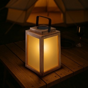 ALOADECOR H11" Farmhouse LED Solar Lantern with Wood Frosted Glass Ourdoor Garden Decorative Hanging Lanterns for Outside Camping - 1 of 4