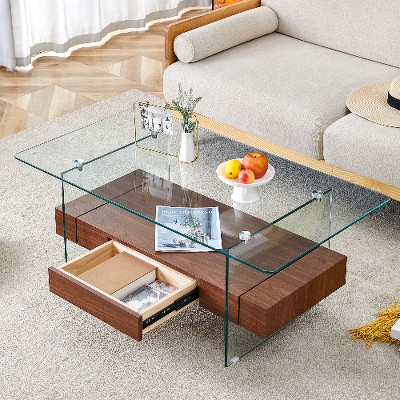 Lyngins 43.3" Modern Coffee Table with Storage Drawer, Double-Layer Tea Table with Tempered Glass Top, Center Table & Living Room Table