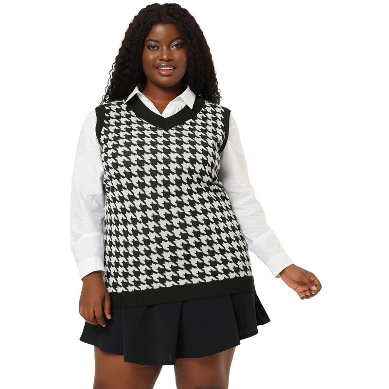 Agnes Orinda Women's Plus Size Sleeveless Houndstooth Knit Pullover Sweater Vest, 4 of 7