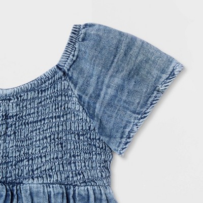 Cat & Jack Girls' Short Sleeve Smocked Bodice Woven Top - Cat & Jack™ Indigo S — фото 3
