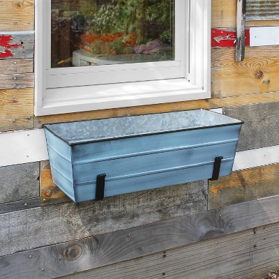 Medium Blue Galvanized Steel Flower Box with Wall Brackets