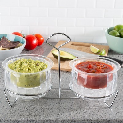 Cold Dip Bowls-2 Chilled Serving Containers with Ice Chambers and Caddy Carrier Stand-For Dip, Dressing, Salsa, Guacamole, and More by Hastings Home