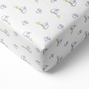 Bacati - Happy Monkeys Purple Muslin 100 percent Cotton Universal Baby US Standard Crib or Toddler Bed Fitted Sheet - 1 of 4