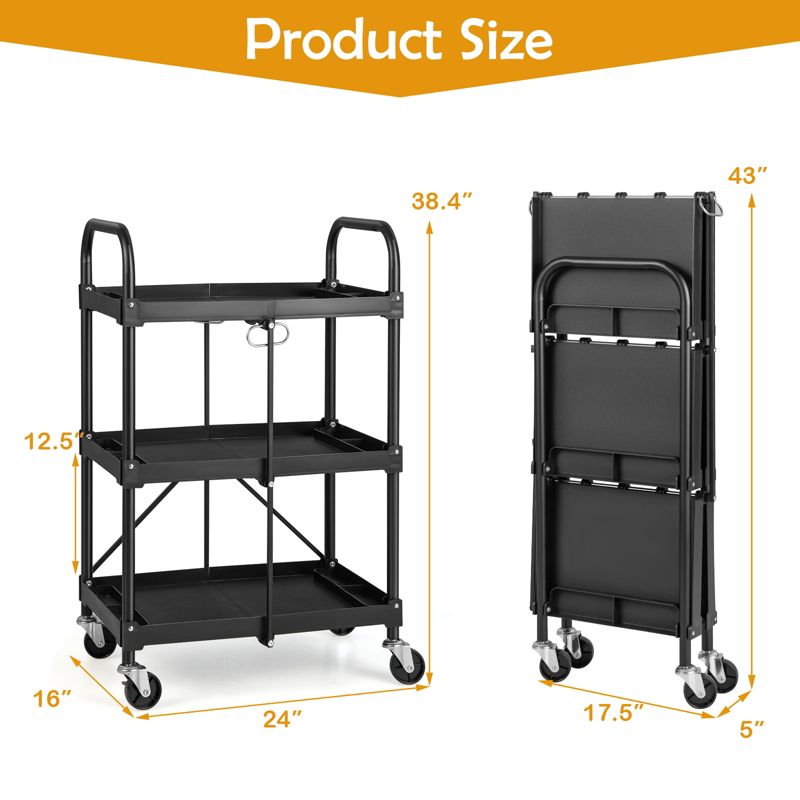 Costway Folding Collapsible Service Cart Heavy-Duty 3-Shelf Tool Cart with 4 Wheels, 3 of 11