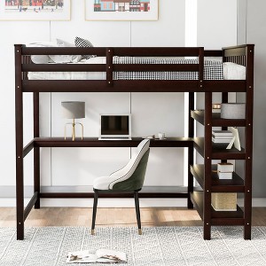 Okak Full Size Multifunction Bunk Bed with Under-bed Desk Loft Bed with Storage Shelves Pine Wood for Kids Teens, Easy Assemble, Espresso - 1 of 4