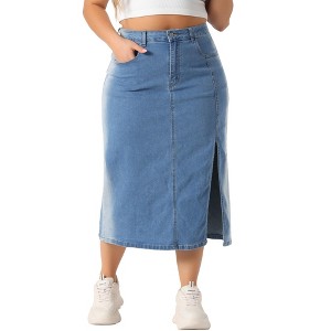 Agnes Orinda Women's Plus Size High Waist Side Slit Button with Pockets Midi Denim Jean Skirts - 1 of 4