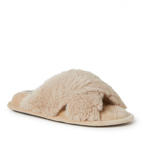 Dearfoams Womens Jessica Furry Crossband Slide Latte Size Xl