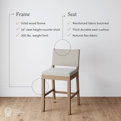 Linus Natural Flax Upholstered Bar Stools with Rubberwood Legs, Set of 4