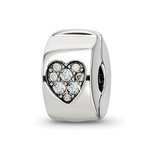 Black Bow Jewelry Sterling Silver Hinged Heart Clip Bead Charm with White Crystals - 1 of 4