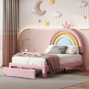 Twin/Full Size Velvet Upholstered Rainbow Design Bed, Princess Platform Bed with Storage Drawer, Pink - ModernLuxe - 1 of 4