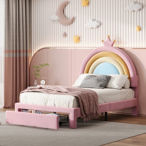 Twin/Full Size Velvet Upholstered Rainbow Design Bed, Princess Platform Bed with Storage Drawer, Pink - ModernLuxe - image 1 of 4