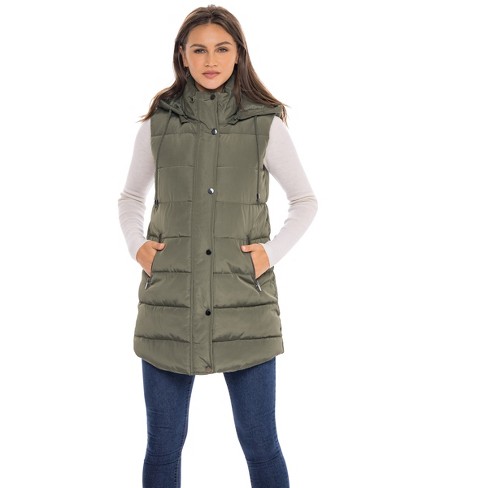 Women's Long Puffer Vest with Hood - S.E.B. By SEBBY Olive X-Large