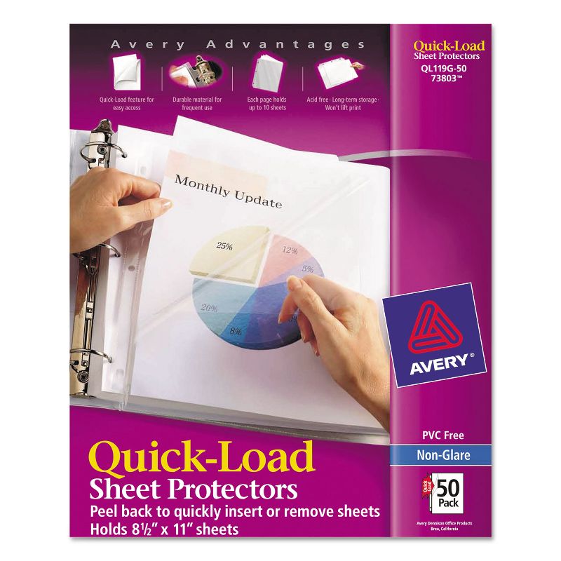 Avery Quick Top & Side Loading Sheet Protectors Letter Non-Glare 50/Box 73803, 1 of 7