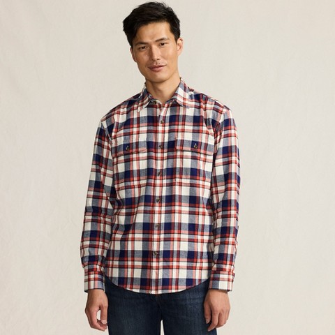 Lands' End Men's Long Sleeve RainDefense Flannel Shirt - Large - Navy/Bourbon Plaid