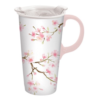 Cypress Home Ceramic Travel Cup, 17 Oz W/Box, W/ Tritan Lid, Cherry Blossom