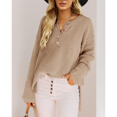 Coolmee Women's Oversized Sweaters Batwing Long Sleeve Loose V Neck Button Henley Tops Pullover Knit Jumper