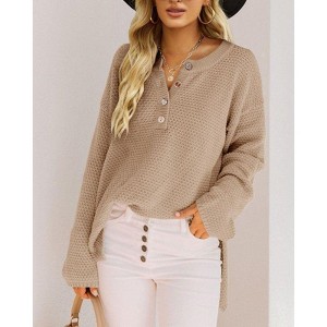 Coolmee Women's Oversized Sweaters Batwing Long Sleeve Loose V Neck Button Henley Tops Pullover Knit Jumper - 1 of 4