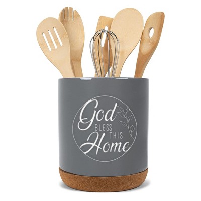 Elanze Designs Bless This Home Grey X-Large Cork Bottom Kitchen Utensil Holder