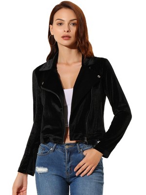 Allegra K Women's Velvet Zipper Lapel Collar Moto Biker Jacket