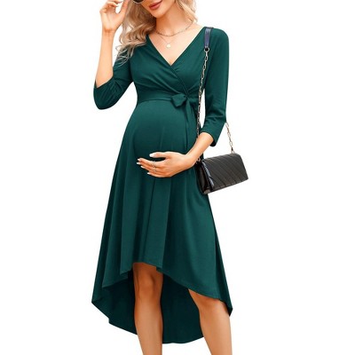 WhizMax Women's Maternity Dress Wrap V Neck 3/4 Sleeve Dress Casual Hi-Low Midi Nursing Breastfeeding Dress with Belted