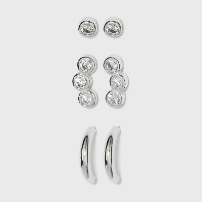 Sterling Silver Cubic Zirconia Stud and Hoop Earring Set 3pc - A New Day™ Silver