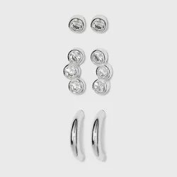 Sterling Silver Cubic Zirconia Stud and Hoop Earring Set 3pc - A New Day™ Silver