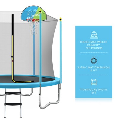 Kids' Round Green Trampoline with Safety Enclosure and Basketball Hoop