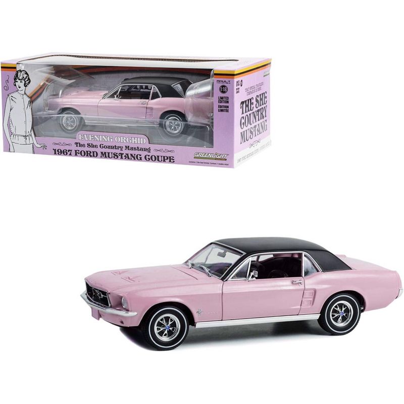 1967 Ford Mustang Coupe Evening Orchid Pink Metallic with Black Top "She Country Special " 1/18 Diecast Model Car by Greenlight, 1 of 4