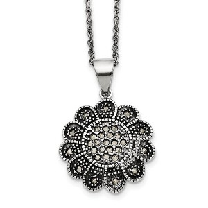 Black Bow Jewelry Marcasite Flower Necklace in Antiqued Stainless Steel, 20 Inch - 1 of 4