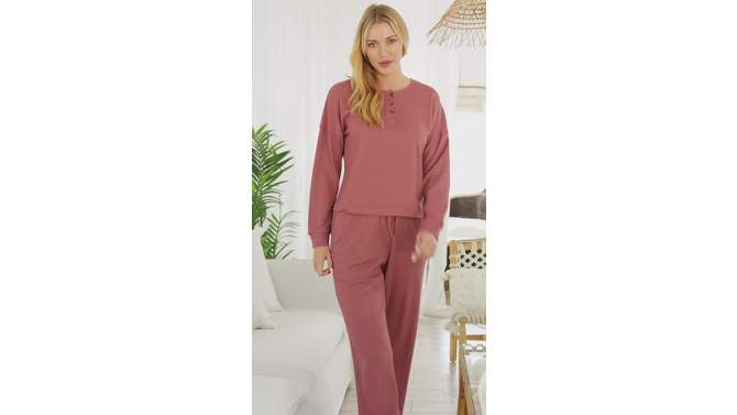 Women's Soft Ribbed Waffle Rib Knit Henley Pajamas Lounge Set, Lounge Sleeve Top and Pants with Pockets, Drawstring, 2 of 8, play video