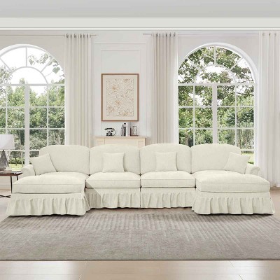 Mid-Century U-Shape Sectional Sofa with Ottomans, 4-Seat Sofa with Flared Arms and Removable Skirts, Chenille Couch with Cushion-Coolbibila