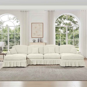 Mid-Century U-Shape Sectional Sofa with Ottomans, 4-Seat Sofa with Flared Arms and Removable Skirts, Chenille Couch with Cushion-Coolbibila - 1 of 4