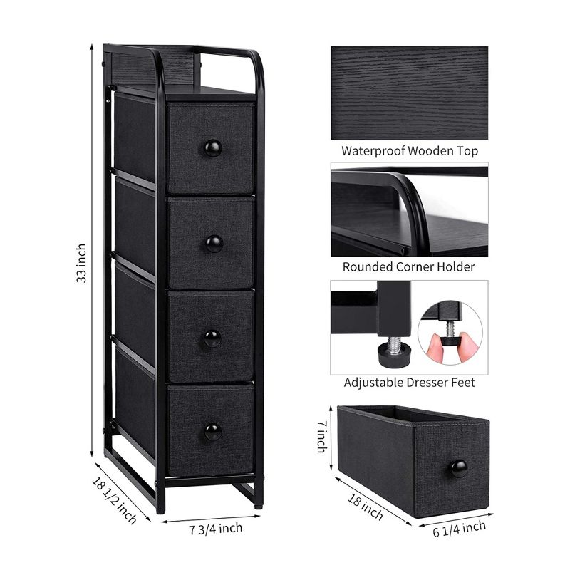 REAHOME 4 Drawer Vertical Steel Frame Storage Organizer Narrow Tower Dresser with Waterproof, Adjustable Feet, and Wall Safety Attachment, Black/Grey, 2 of 7