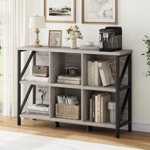 6 Cube Storage Organizer, Industrial Horizontal Bookshelf with Metal Frame, Thick wooden Low & Long bookshelf - 1 of 4